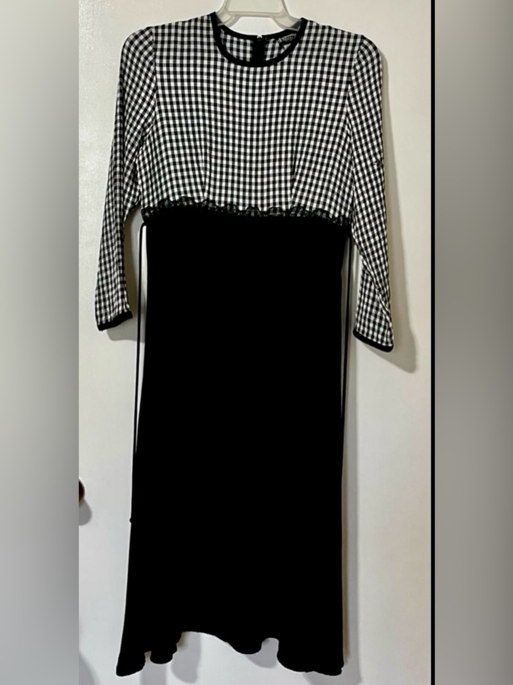 Black and White Gingham Bodice Long Sleeve Dress